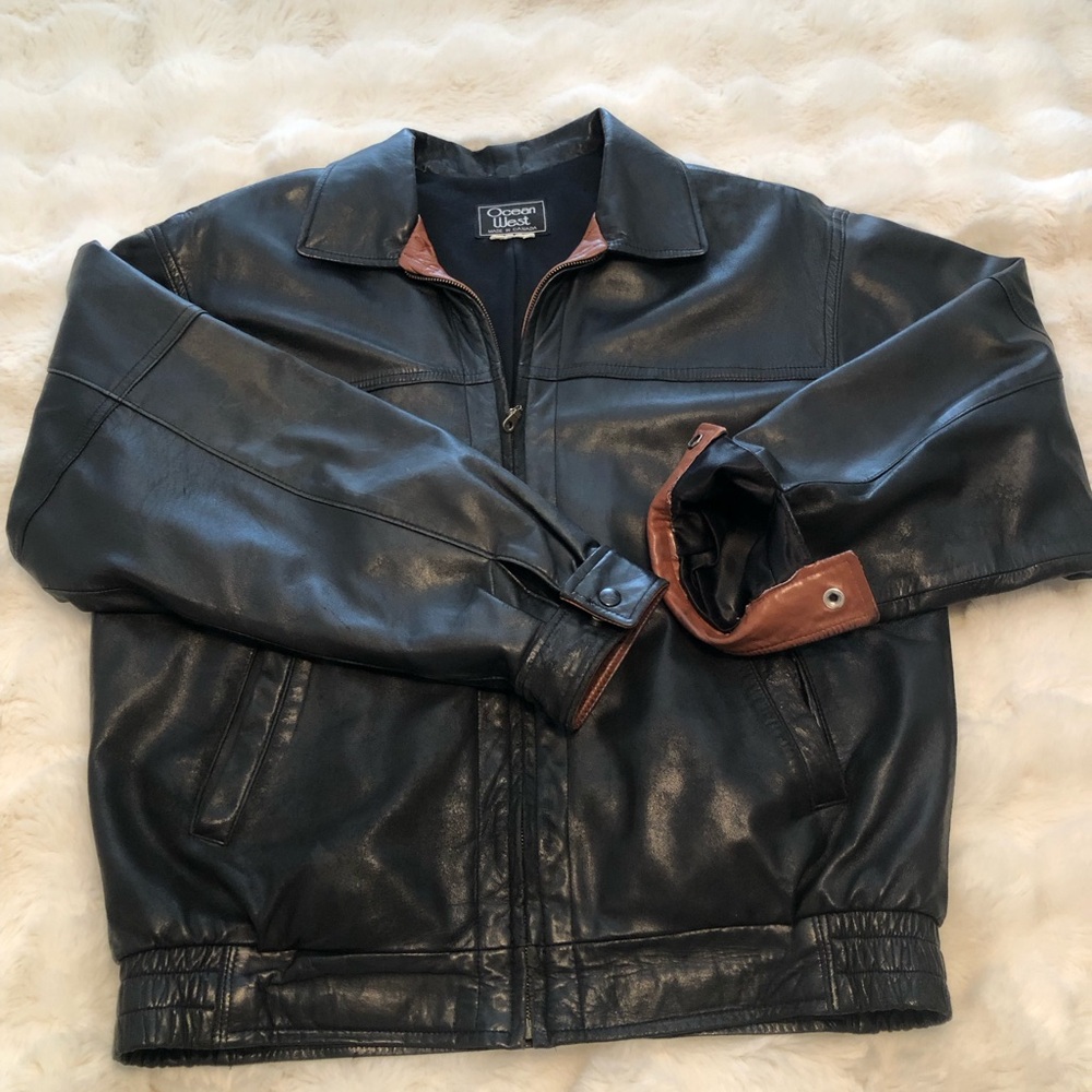 Ocean West Black Leather Bomber Jacket with Brown Trim Accents